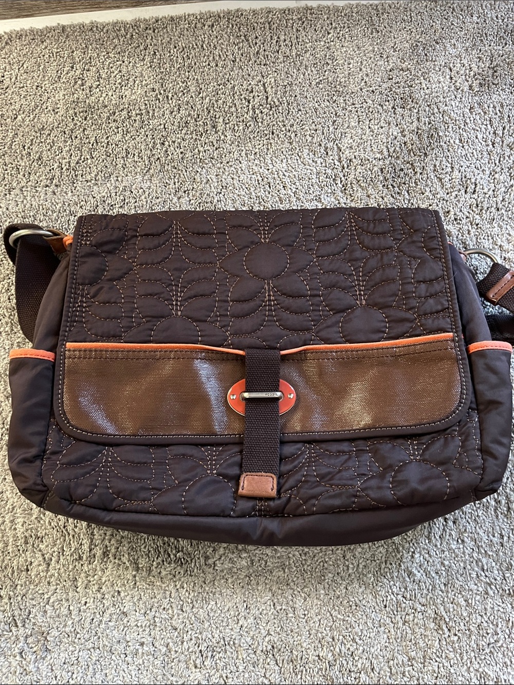 Fantastic College Fossil Quilted Brown Messenger Bag with Orange Trim